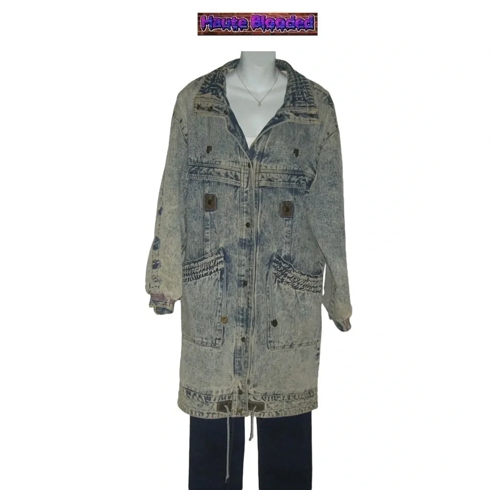 Vintage 80's Acid Wash Denim Long Warm Trench Coat Aztec e-girl alt Grunge Punk